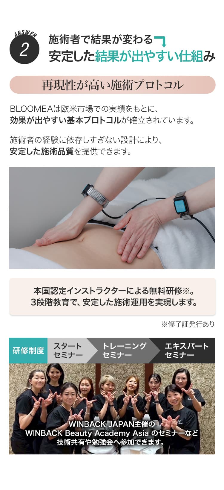 ANSWER2 施術者で結果が変わる→安定した結果が出やすい仕組み 再現性が高い施術プロトコル BLOOMEAは欧米市場での実績をもとに、効果が出やすい基本プロトコルが確立されています。施術者の経験に依存しすぎない設計により、安定した施術品質を提供できます。本国認定インストラクターによる無料研修※。3段階教育で、安定した施術運用を実現します。※修了証発行 研修制度 スタートセミナー トレーニングセミナー エキスパートセミナー WINBACK JAPAN主催のWINBACK Beauty Academy Asiaのセミナーなど技術共有や勉強会へ参加できます。