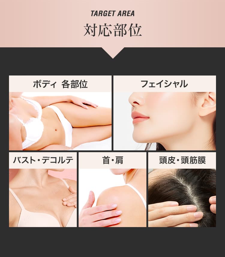 TARGET AREA 対応部位 ボディ各部位 フェイシャル バスト・デコルテ 首・肩 頭皮・頭筋膜