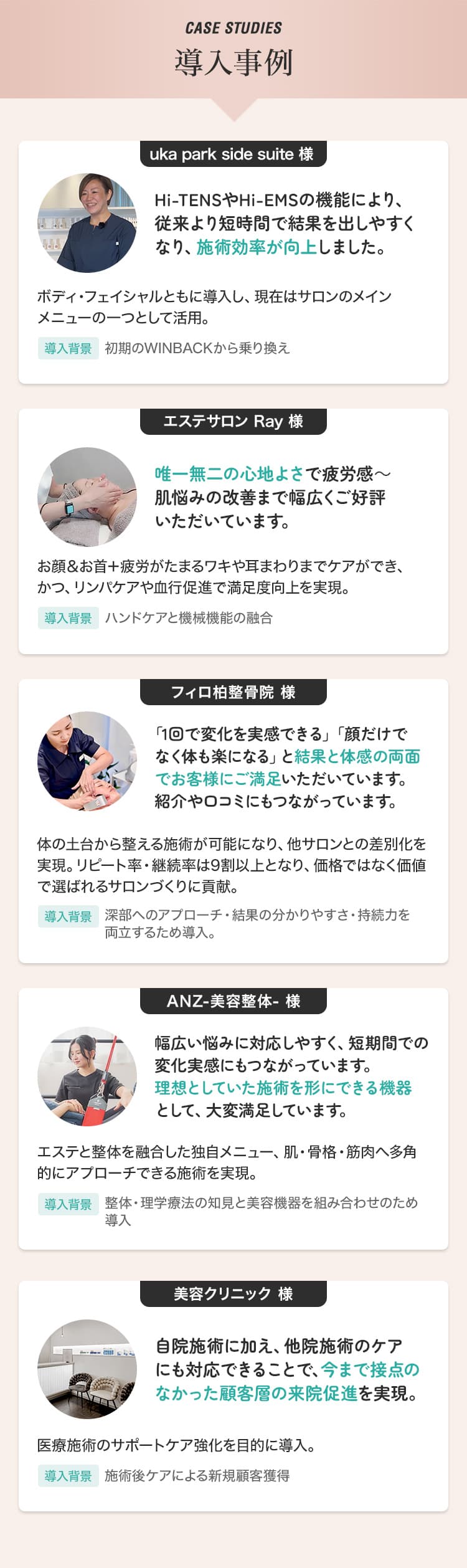 CASE STUDIES 導入事例 uka park side suite様 Hi-TENSやHi-EMSの機能により、従来より短時間で結果を出しやすくなり、施術効率が向上しました。ボディ・フェイシャルともに導入し、現在はサロンのメインメニューの一つとして活用。導入背景 初期のWINBACKから乗り換え エステサロン Ray様 唯一無二の心地よさで疲労感〜肌悩みの改善まで幅広くご好評いただいています。お顔＆お首＋疲労がたまるワキや耳まわりまでケアができ、かつ、リンパケアや血行促進で満足度向上を実現。導入背景 ハンドケアと機械機能の融合 フィロ柏整骨院様「1回で変化を実感できる」「顔だけでなく体も楽になる」と結果と体感の両面でお客様に満足いただいています。紹介や口コミにもつながっています。体の土台から整える施術が可能になり、他サロンとの差別化を実現。リピート率・継続率は9割以上となり、価格ではなく価値で選ばれるサロンづくりに貢献。導入背景 深部へのアプローチ・結果の分かりやすさ・持続力を両立するため導入。ANZ-美容整体-様 幅広い悩みに対応しやすく、短期間での変化実感にもつながっています。理想としていた施術を形にできる機器として、大変満足しています。エステと整体を融合した独自メニュー、肌・骨格・筋肉へ多角的にアプローチできる施術を実現。導入背景 整体・理学療法の知見と美容機器を組み合わせのため導入 美容クリニック様 自院施術に加え、他院施術のケアにも対応できることで、今まで接点のなかった顧客層の来院促進を実現。医療施術のサポートケア強化を目的に導入。導入背景 施術後ケアによる新規顧客獲得